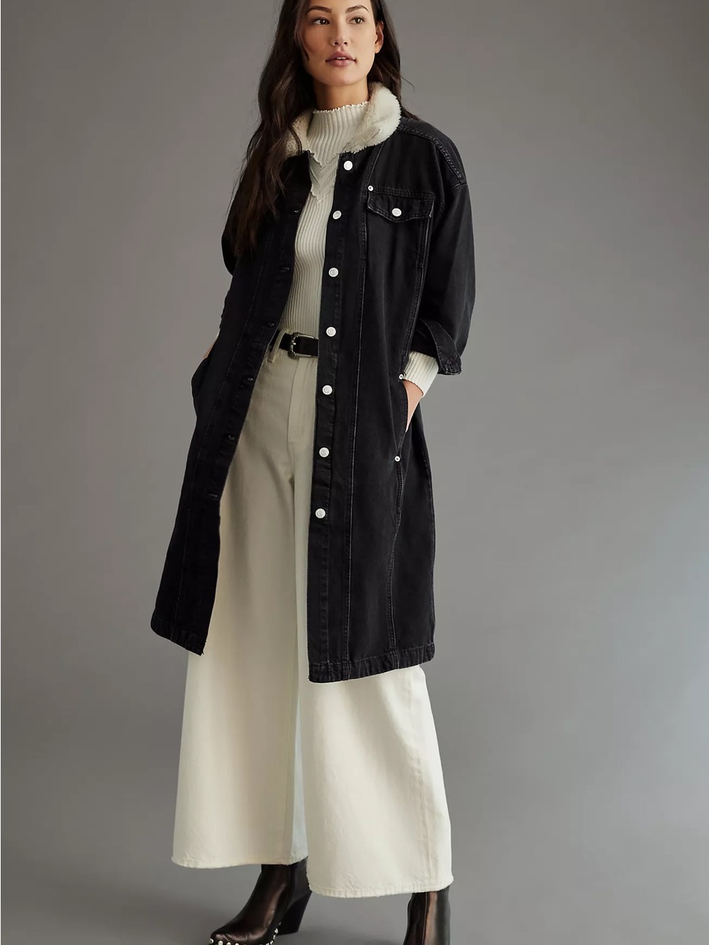 Pilcro by Anthropologie Long Denim Duster Sherpa Collar Jacket Black Gray - M
